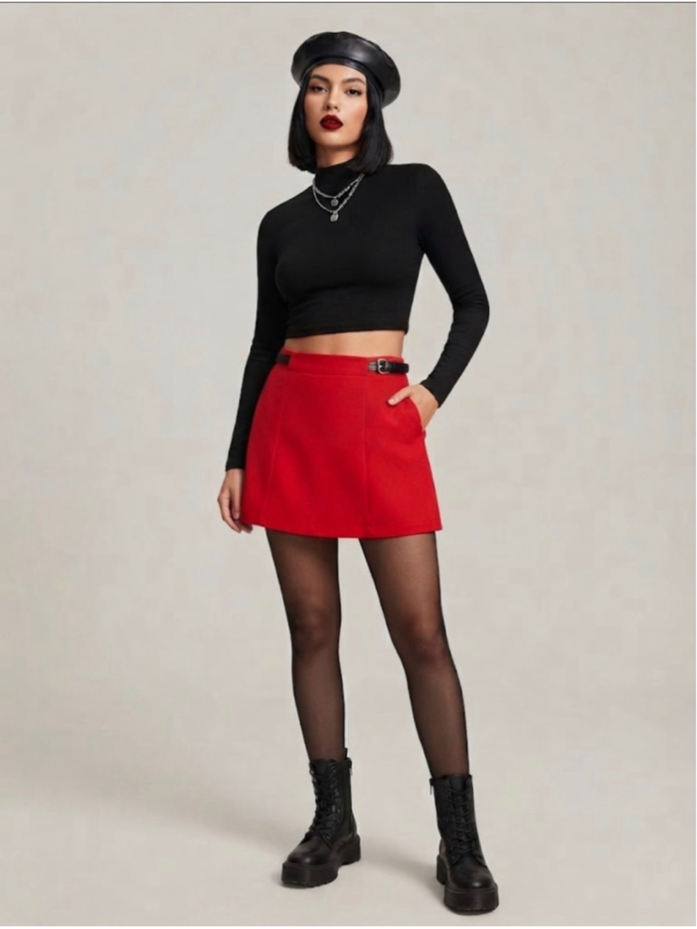 Express Red Mini Skirt with Black Belt Detail, Size 00